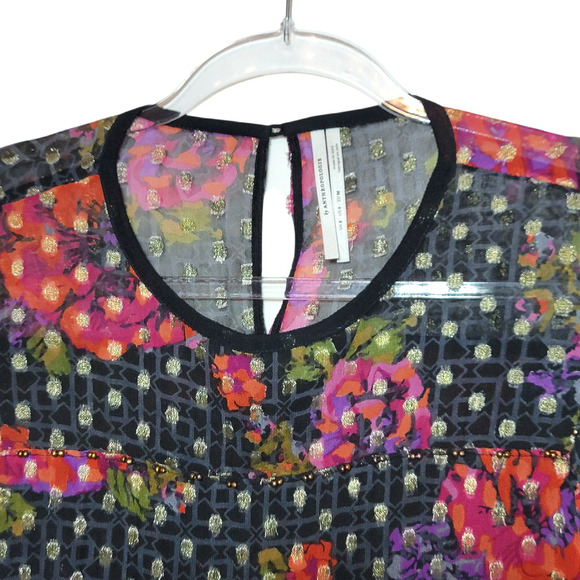 Anthropologie Fiorella Floral Blouse Gold Metallic Beaded Black Pink Red 4 - Picture 4 of 16